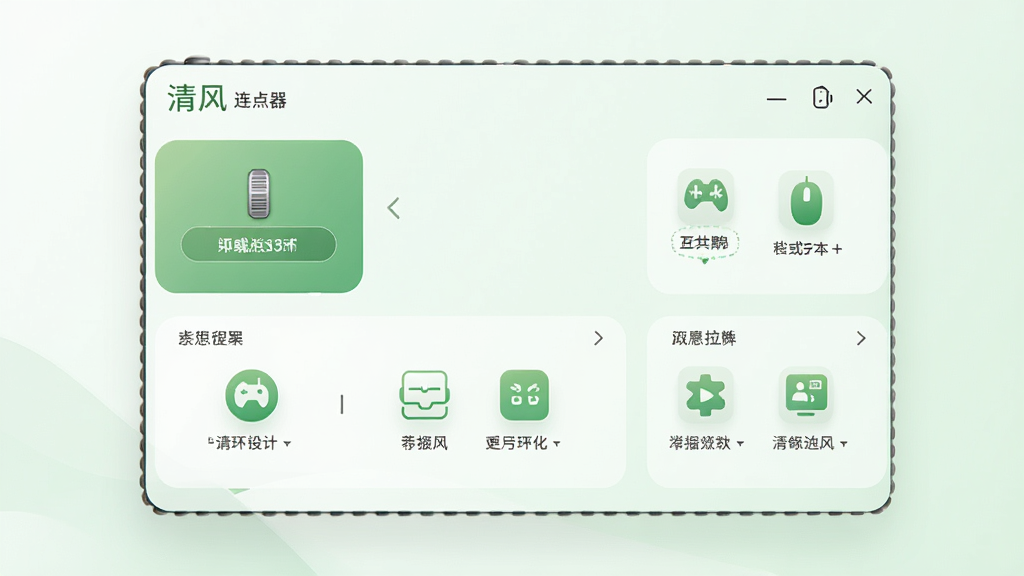 清风鼠标连点器主界面展示,布局简洁,功能区域清晰,背景为浅色渐变,图标以绿色为主色调,整体风格现代清爽,高清渲染,干净无多余元素