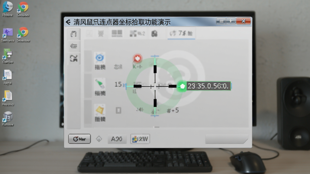 清风鼠标连点器坐标拾取功能演示,界面显示十字准星与坐标数值,背景为桌面截图,高亮标记目标点,风格实用,细节清晰,画质高清,无多余元素