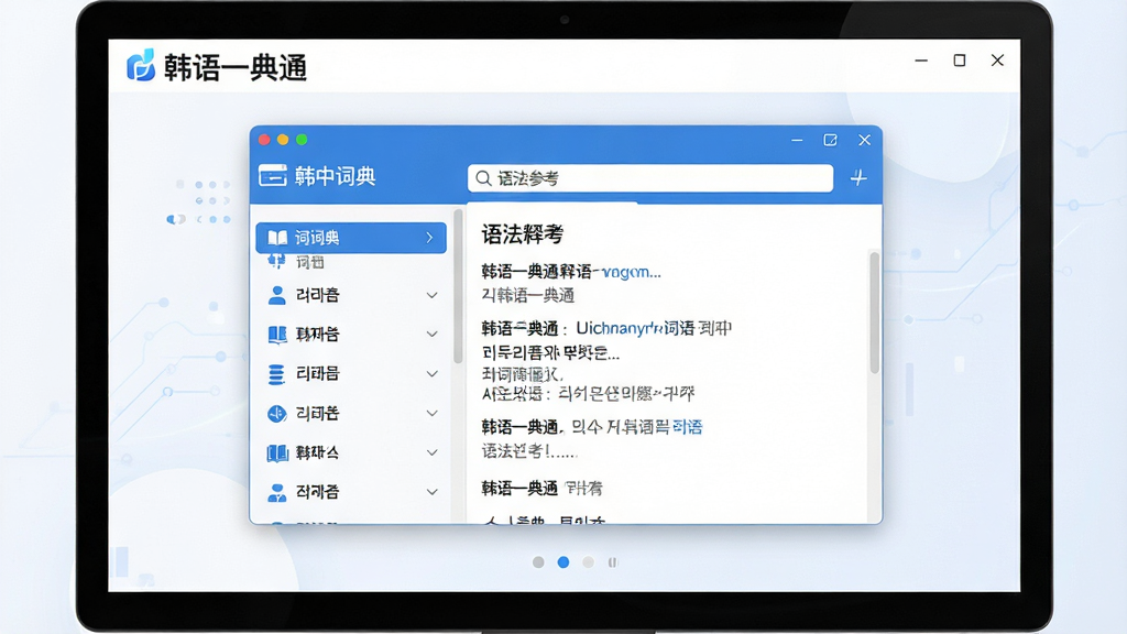 主体:一款名为“韩语一典通”的桌面软件界面,在电脑屏幕上展示着韩语词典查询结果,界面简洁现代,以蓝白为主色调。布局:屏幕居中显示软件主窗口,左侧为词目列表,右侧为详细释义区,顶部有搜索栏。排版:清晰的功能分区,图标与文字标签结合,字体为无衬线体。风格:扁平化设计,科技感与学习氛围并重。细节:屏幕上显示“韩语一典通”LOGO,以及“韩中词典”和“语法参考”等标签页。画质:高清渲染,色彩柔和,干净无多余元素。