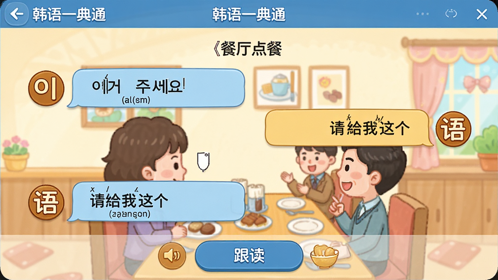 主体:“韩语一典通”软件中的韩语会话练习界面,展示了一个“餐厅点餐”的对话场景。布局:对话气泡依次排列,左侧为韩语,右侧为中文翻译,底部有“跟读”按钮。排版:对话清晰易读,配有场景插图。风格:卡通插画风格,色彩明快,友好亲切。细节:对话内容为“ ”和“请给我这个”,并标有发音提示。画质:高清,插图精致,无多余元素。