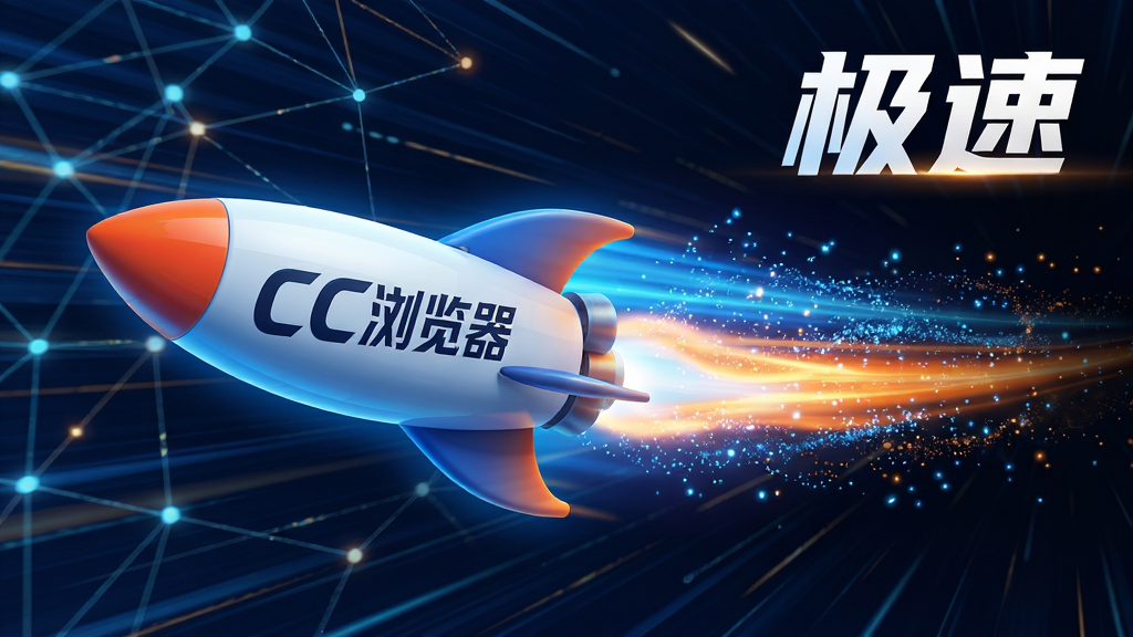 主体:一个带有“CC浏览器”品牌标识的极速火箭图案,后方拖着蓝色和橙色的速度光轨,背景为高速运动的抽象网络线条。布局:火箭位于画面中央偏左,光轨向右延伸,右上角有“极速”字样。排版:视觉元素集中在中心,品牌标识醒目。风格:动感科技风,色彩鲜艳,对比强烈。细节:光轨有粒子拖尾效果,网络线条有节点闪烁。画质:高分辨率渲染,动态感强,干净无多余元素。