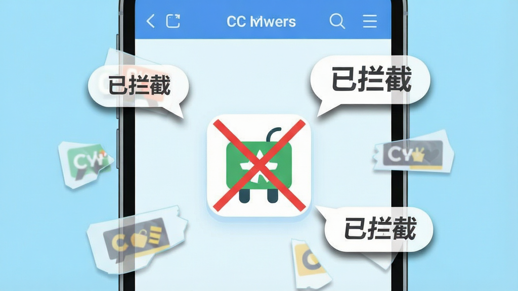 主体:一部手机屏幕展示CC浏览器界面,屏幕中央有一个被划掉的广告图标,周围散落着被拦截的广告碎片。布局:手机居中,屏幕内容特写,背景为清爽的浅蓝色。排版:广告图标位于屏幕中央,周围有“已拦截”的提示气泡。风格:简洁插画风,色彩明快。细节:广告碎片有半透明效果,提示气泡带阴影。画质:清晰干净,无多余元素。