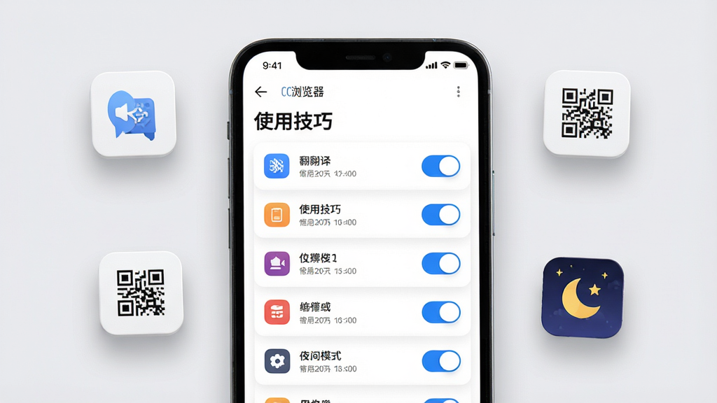 主体:CC浏览器手机界面,屏幕显示“使用技巧”页面,页面有列表和开关按钮。布局:手机位于画面中央,背景为浅灰色,周围有悬浮的工具图标(如翻译、二维码、夜间模式)。排版:屏幕内容清晰,列表项带图标。风格:现代简洁风。细节:界面细节丰富,背景有轻阴影。画质:高清渲染,干净无多余元素。
