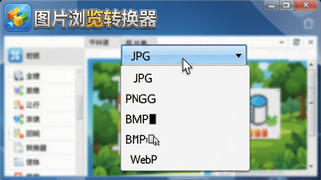 图片浏览转换器软件界面中展示格式选择下拉菜单的特写,菜单中列出JPG、PNG、BMP、WebP等多种格式选项,背景为软件主界面,鼠标指针悬停在格式列表上,画面清晰,色彩鲜艳,突出软件名称“图片浏览转换器”的Logo,风格写实,细节丰富,画质干净。