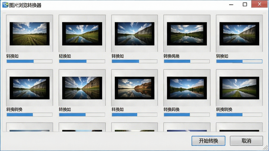 一张展示图片浏览转换器批量处理进度的界面截图,窗口中多个图片文件整齐排列,每个文件下方显示转换进度条,界面底部有“开始转换”和“取消”按钮,整体风格简洁,色彩以浅灰和蓝色为主,软件名称“图片浏览转换器”在标题栏可见,画质清晰,无多余元素。