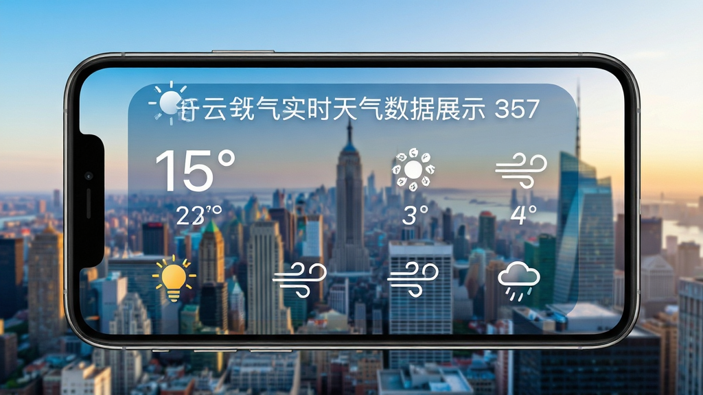 舒云天气实时天气数据展示,手机界面显示温度、湿度、风力图标,背景为城市风光,画面明亮,布局清晰,风格写实,细节丰富,画质高清,干净无多余元素