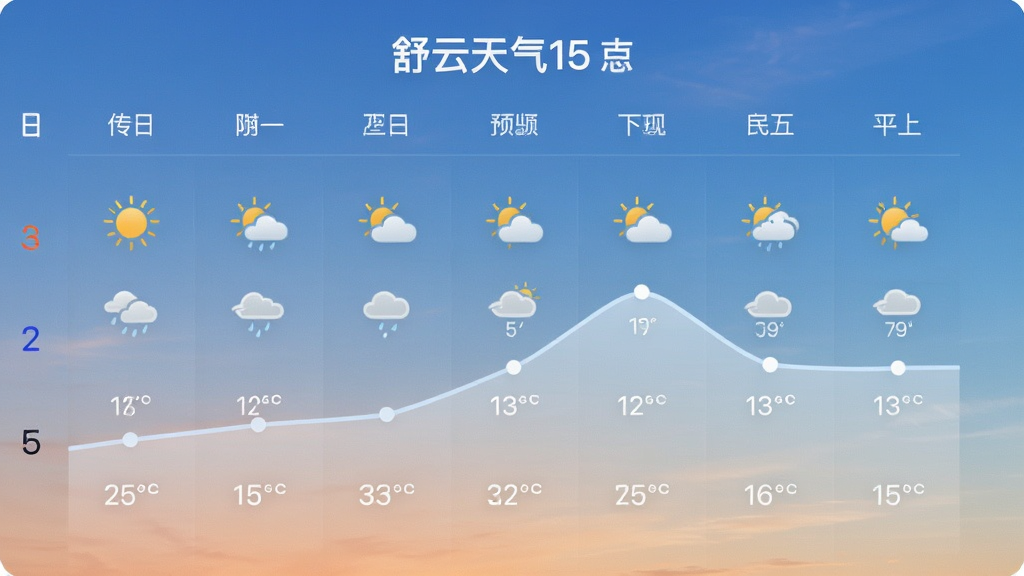 舒云天气15天预报界面,日历样式展示每日天气图标与温度曲线,背景为渐变天空,排版整齐,风格简约,画质清晰,干净无多余元素