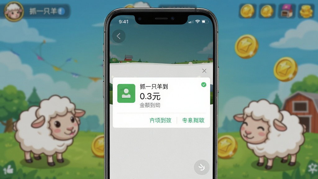 一张展示《抓一只羊》提现成功的手机截图,画面中显示微信到账通知,金额为0.3元,背景是游戏主界面,有卡通羊和金币元素,布局清晰,风格简约,画质细腻,干净无多余元素