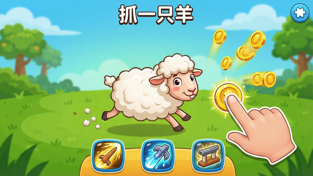一张展示《抓一只羊》游戏操作界面的动态截图,画面中一只卡通羊在草地上奔跑,用户手指点击位置出现金币飞出特效,界面下方有技能按钮,整体风格活泼,色彩明快,画质清晰,干净无多余元素