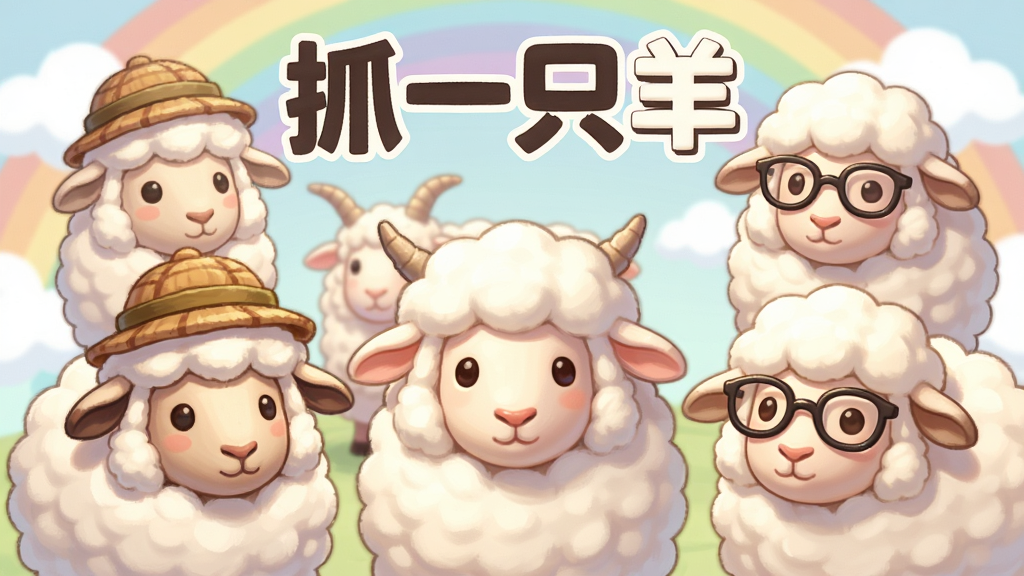 一张展示《抓一只羊》游戏画风的宣传图,画面中多种卡通羊形态各异,有戴帽子的、有戴眼镜的,背景是彩虹和云朵,整体风格可爱治愈,色彩柔和,细节丰富,画质高清,干净无多余元素