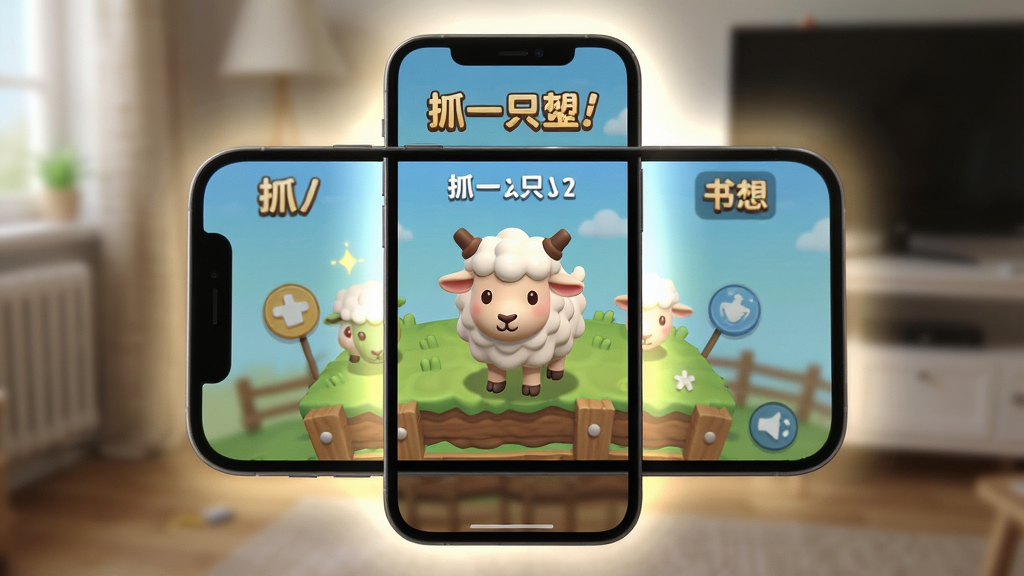 一张展示《抓一只羊》游戏在手机上运行的实拍图,手机屏幕显示游戏主界面,周围有柔和的光晕,背景是模糊的室内环境,整体风格写实,画质高清,干净无多余元素