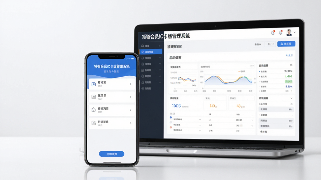 画面主体为一部智能手机与一台笔记本电脑同时显示“领智会员IC卡版管理系统”操作界面,手机屏幕显示移动端简洁菜单,电脑屏幕显示后台数据。布局为手机在前,电脑在后,形成对比。排版清晰,风格科技现代。细节上界面文字可辨,背景干净,画质高清,无多余元素。