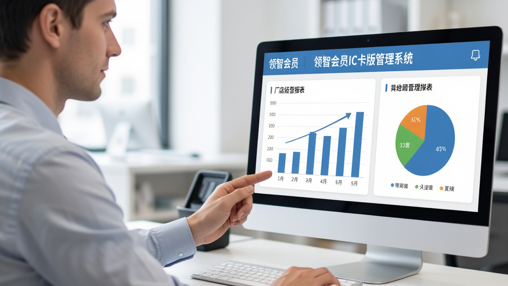 画面主体为一位店长正使用“领智会员IC卡版管理系统”查看门店经营报表,屏幕上显示柱状图与饼图。布局为电脑屏幕占据画面右侧,店长位于左侧查看。排版自然,风格为现代办公场景。细节上屏幕内容清晰可见“领智会员”字样,画质真实,光线充足,无多余元素。