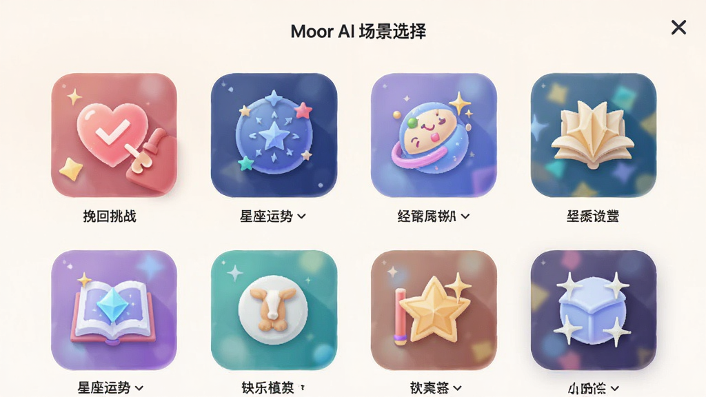 展示Moor AI场景选择界面的图片,界面上排列着多个彩色图标,每个图标代表一个场景模式,如“挽回挑战”、“星座运势”等,图标设计精美,背景为浅色,整体风格清爽,画质清晰,无多余元素