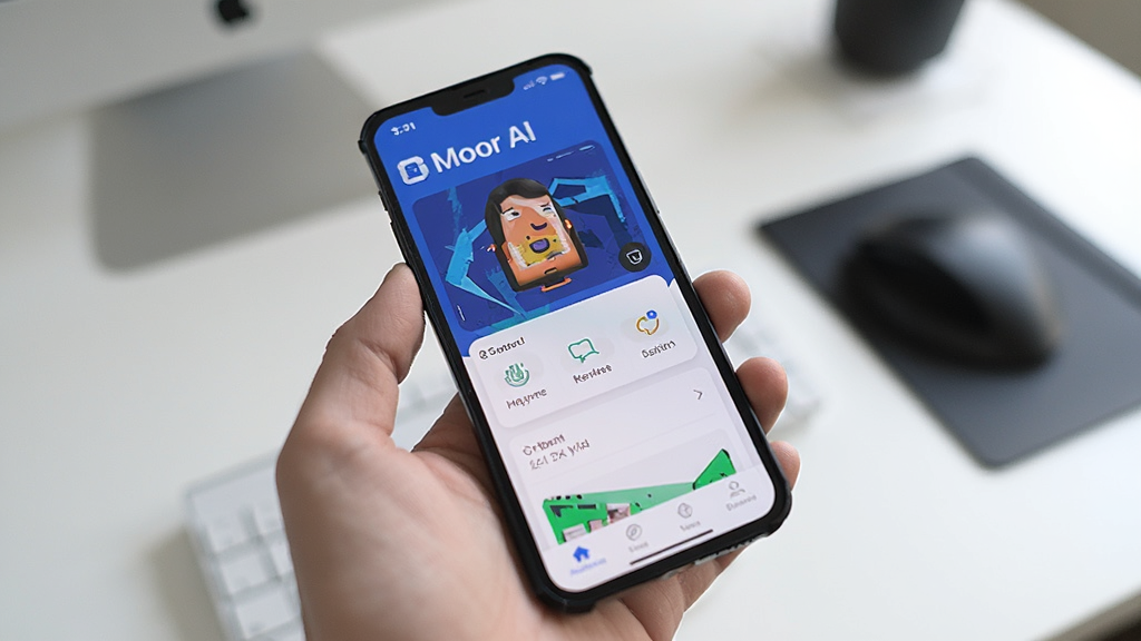 展示Moor AI在手机上运行的实拍图片,手机屏幕清晰显示应用界面,背景为整洁桌面,光线明亮,画质高清,干净无多余元素