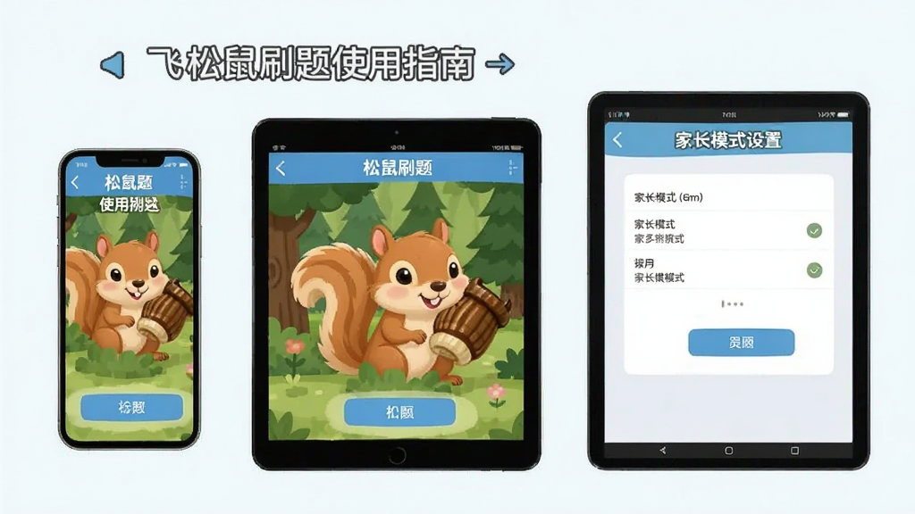 松鼠刷题使用指南插图,展示手机端与平板端操作界面对比,旁边配有家长模式设置界面,整体风格清晰明了,画质干净,无多余元素。