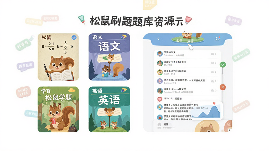 松鼠刷题题库资源展示图,屏幕上排列着数学、语文、英语等科目封面,点击后显示题目列表页面,背景为纯白色,配以彩色学科标签,整体风格简约清晰,画质干净,无多余元素。