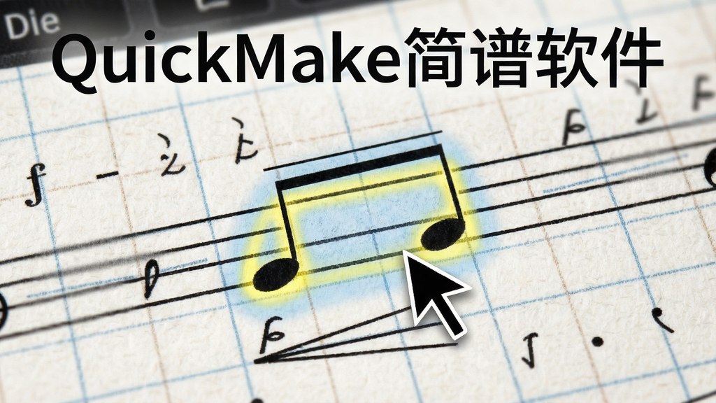 特写QuickMake简谱软件的输入界面,光标停留在高亮音符上,周围显示连音线和力度记号,背景为网格纸纹理,界面元素清晰,风格写实,画质细腻,突出软件名称“QuickMake简谱软件”字样