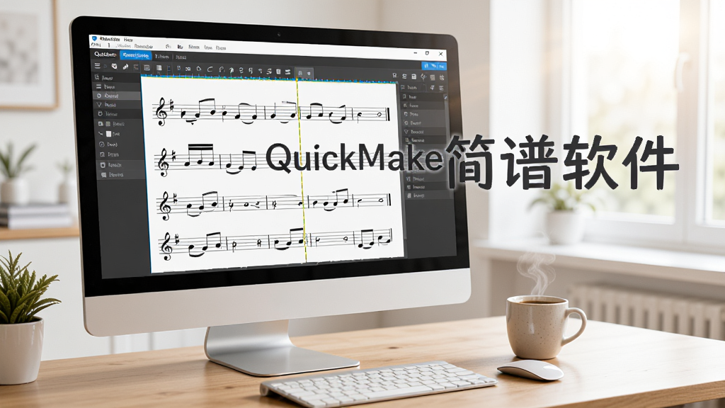 展示QuickMake简谱软件在电脑上的操作场景,屏幕上显示乐谱编辑界面,旁边有一杯咖啡,桌面整洁,光线明亮,风格写实,画质高清,突出软件名称“QuickMake简谱软件”