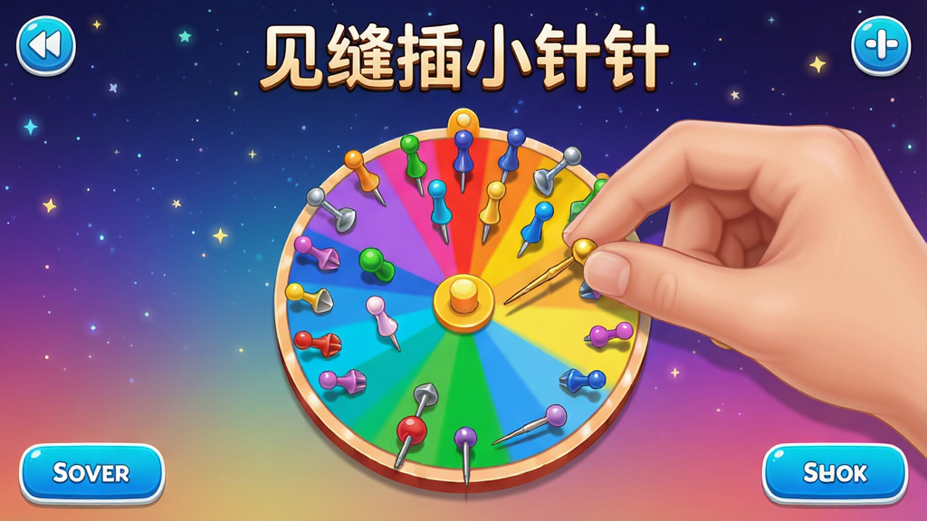 一张《见缝插小针针》游戏主界面截图,画面中央是一个旋转的彩色圆盘,上面已插满各种颜色的小针,玩家手指正捏着一根金色小针准备插入,背景是渐变的星空,整体风格简洁明快,UI按钮清晰,画质高清,干净无多余元素,突出“见缝插小针针”游戏名称。