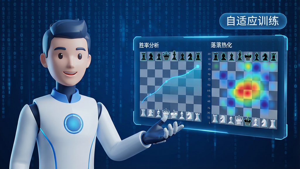 主体:一个展示人工智能分析国际象棋对局的界面,界面中有一个虚拟教练形象,旁边有数据图表和“自适应训练”的文字标签。布局:画面左侧是虚拟教练的半身像,右手边是悬浮的3D数据面板,展示着棋局胜率曲线和落子热区图,背景是充满科技感的蓝色数字矩阵。排版:采用左右分栏式布局,左侧人物与右侧数据面板形成平衡,数据面板上的内容清晰可读。风格:科幻与教育结合,色调以蓝色和白色为主,线条流畅,富有未来感。细节:虚拟教练形象友好,数据图表动态展示,棋子模型带有发光边缘。画质:高清渲染,画面锐利,干净,无多余元素。