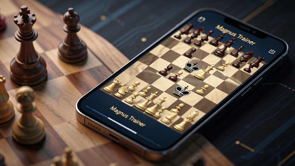 主体:一部亮着屏幕的智能手机,屏幕上显示着精美的国际象棋棋盘界面,界面带有“Magnus Trainer”字样和鲜明的棋子布局,背景是模拟的木质棋盘纹理。布局:手机位于画面中央偏右,呈45度角倾斜展示,屏幕内容清晰可见,左侧留白处摆放着几枚立体的国际象棋棋子,形成虚实结合的画面。排版:采用对角线构图,手机屏幕的亮部与背景的暗部形成对比,视觉焦点集中在屏幕上的棋盘。风格:现代科技感与典雅棋类文化融合,光影效果细腻,色彩以深蓝、金色和木色为主,营造专业且高端的氛围。细节:手机屏幕上的棋子渲染精细,光影反射自然,背景虚化得当,突出主体。画质:8K超高清,细节丰富,干净,无多余元素。