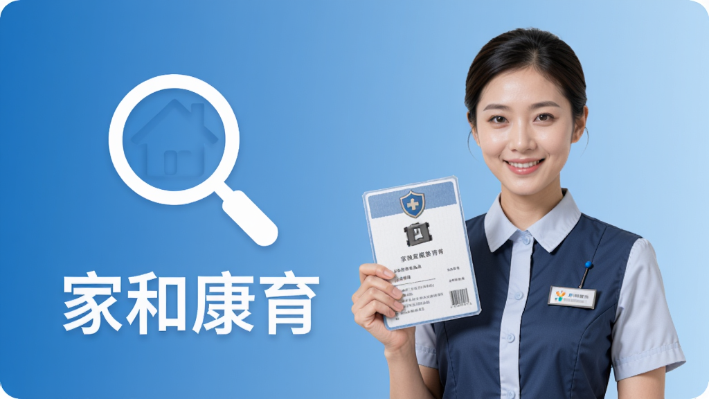 一张展示家政服务人员认证流程的示意图,画面主体为一名穿着整洁制服的月嫂手持证件,旁边有放大镜图标和“家和康育”字样,背景是简约的蓝色渐变,布局清晰,风格专业,画质干净,无多余元素。