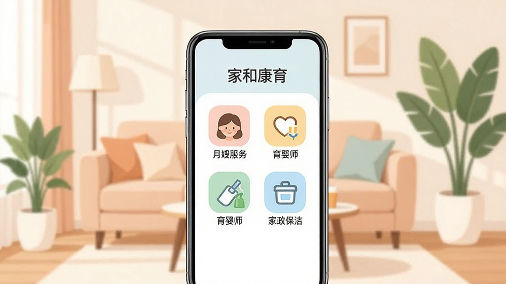 一张现代简约风格的家庭场景插图,画面中央有一部智能手机,屏幕显示“家和康育”APP界面,界面清晰展示月嫂服务、育婴师、家政保洁等图标,背景是温馨的客厅,有沙发和绿植,整体色调柔和明亮,画质干净,无多余元素,文字“家和康育”清晰可见。