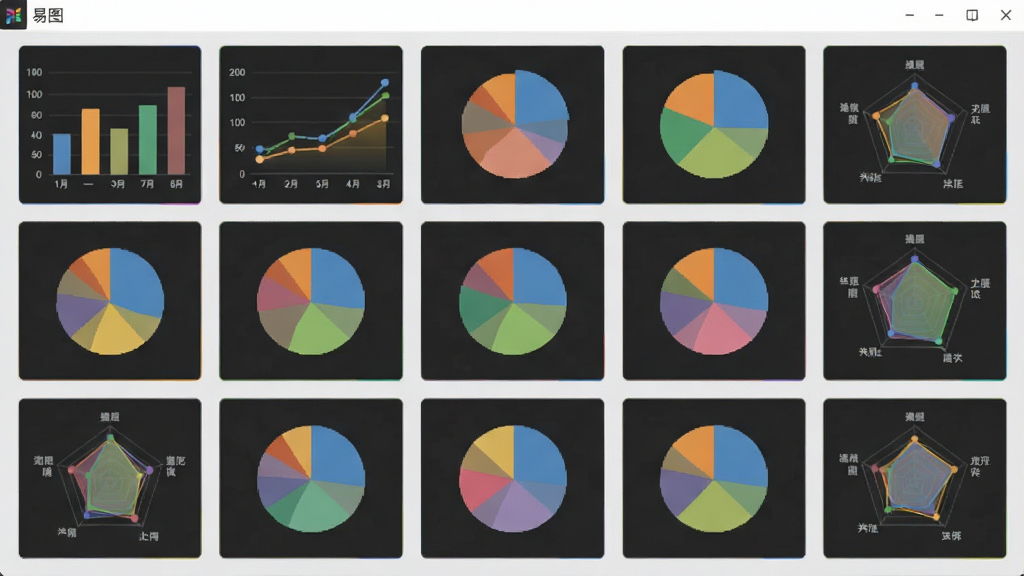 易图软件图表模板库界面,展示多种图表类型缩略图,包括柱状图、折线图、饼图、雷达图等,每张缩略图都有不同的配色方案,背景为浅灰色,布局整齐,画质干净,无多余元素,文字标注
