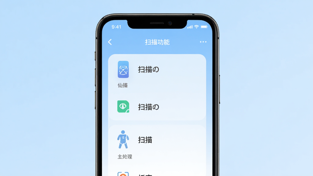 扫描仙人主界面展示,手机屏幕显示扫描功能列表,背景为浅蓝色渐变,主体居中,布局简洁,排版清晰,风格清新现代,细节包括功能图标和文字标签,画质高清干净无多余元素