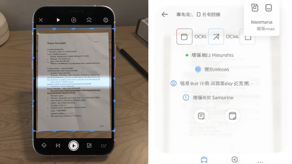 扫描仙人高清扫描功能示意图,展示手机扫描一份纸质文档,文档边缘自动矫正,界面显示增强选项,主体为手机和文档,布局左右结构,排版直观,风格写实,细节包括光线变化和文字清晰,画质细腻干净无多余元素
