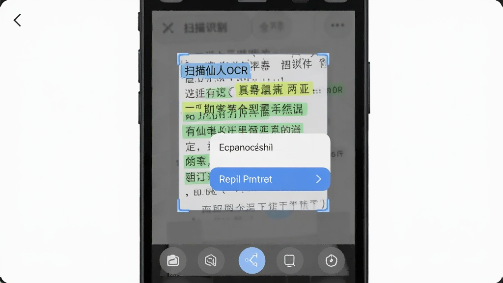 扫描仙人OCR文字识别功能界面,手机屏幕显示扫描的文字被高亮标记,并弹出复制编辑选项,主体为手机屏幕,布局居中,排版简洁,风格科技感,细节包括文字识别框和工具栏,画质清晰干净无多余元素