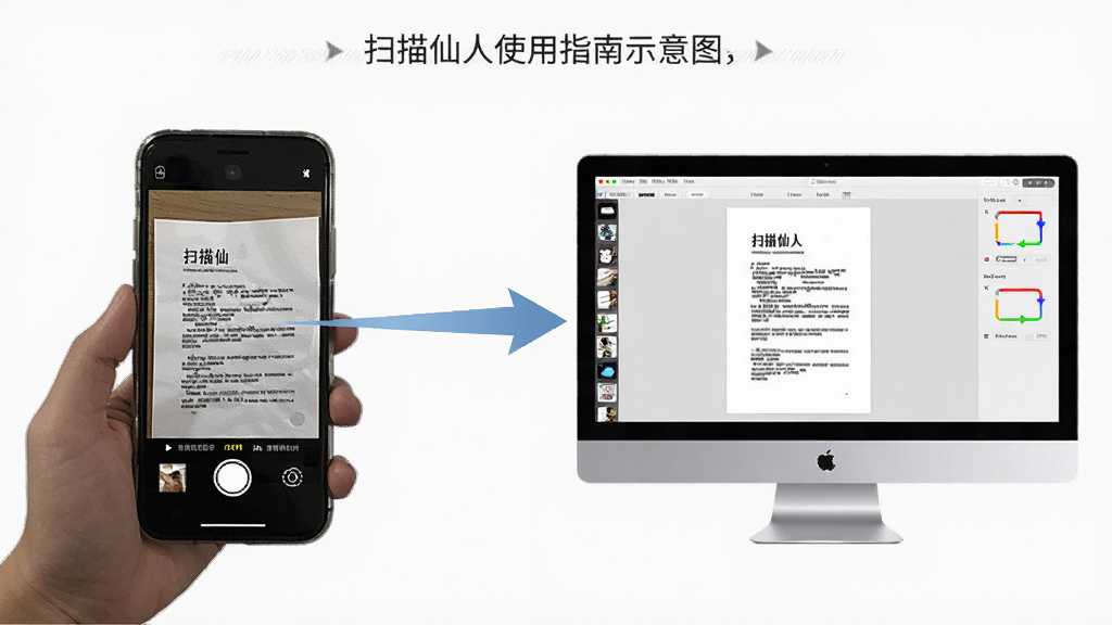 扫描仙人使用指南示意图,展示手机和电脑两种设备上运行扫描仙人,手机在拍摄文档,电脑显示模拟器界面,主体为设备对比,布局左右分屏,排版清晰,风格写实,细节包括操作步骤箭头,画质干净无多余元素