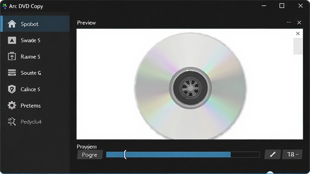 Arc DVD Copy软件主界面预览图,主体为深色背景下的光盘复制操作窗口,布局清晰,左侧功能导航,右侧预览区域,风格现代简约,细节展示按钮图标与进度条,画质干净无多余元素