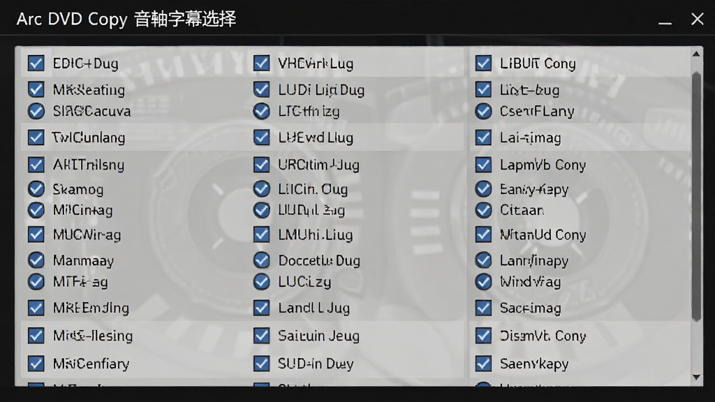 Arc DVD Copy音轨字幕选择界面,主体为多选框列表,布局整齐排列多种语言音轨与字幕,风格简洁清晰,细节勾选状态明显,画质干净