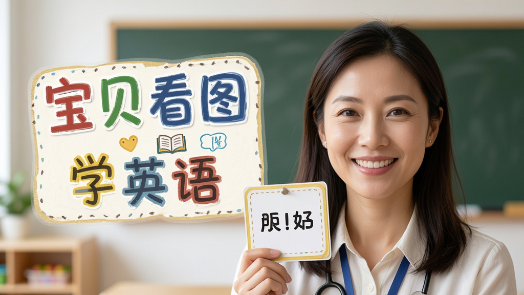一位专业外教老师面带微笑,手持单词卡片,旁边有“宝贝看图学英语”文字标识,背景简洁,教学场景,写实风格,人物表情自然,细节丰富,画质高清干净无多余元素