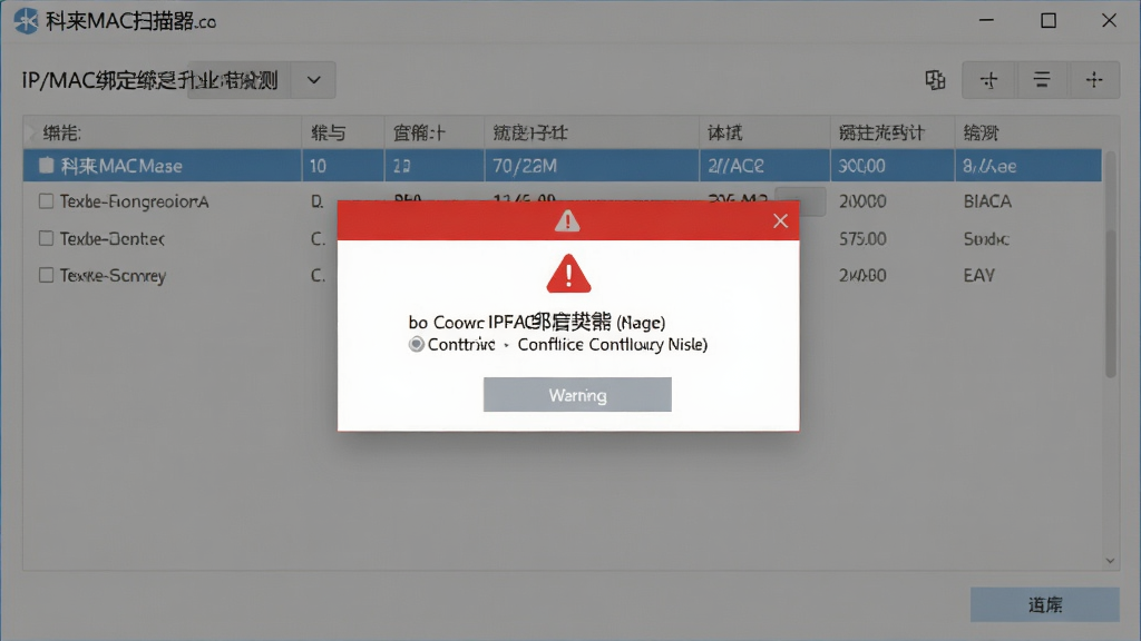 科来MAC扫描器IP/MAC绑定检测界面,显示绑定列表和冲突警告弹窗,红色警示标识醒目,界面布局整洁,风格简洁,细节到位,画质干净