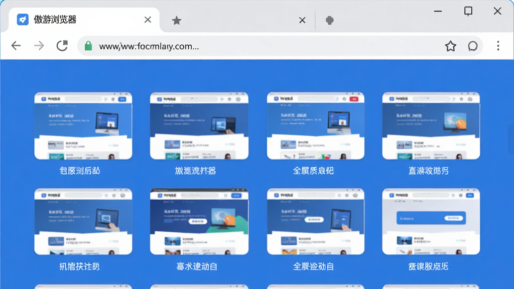 傲游浏览器主导航界面预览图,现代扁平化设计风格,顶部标签栏与地址栏整合,中间为网站缩略图快速拨号盘,整体色调蓝白清新,布局简洁大气,画质干净无多余元素
