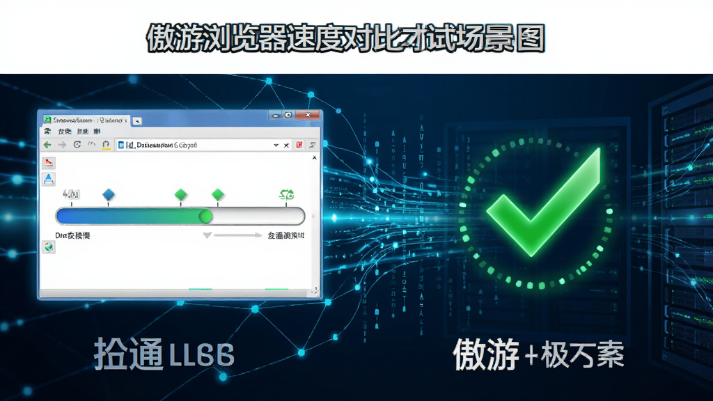 傲游浏览器速度对比测试场景图,左侧为普通浏览器加载慢的进度条,右侧为傲游浏览器极速加载完成的绿色对勾,背景为网络数据流动线条,风格科技感十足,画面干净明亮