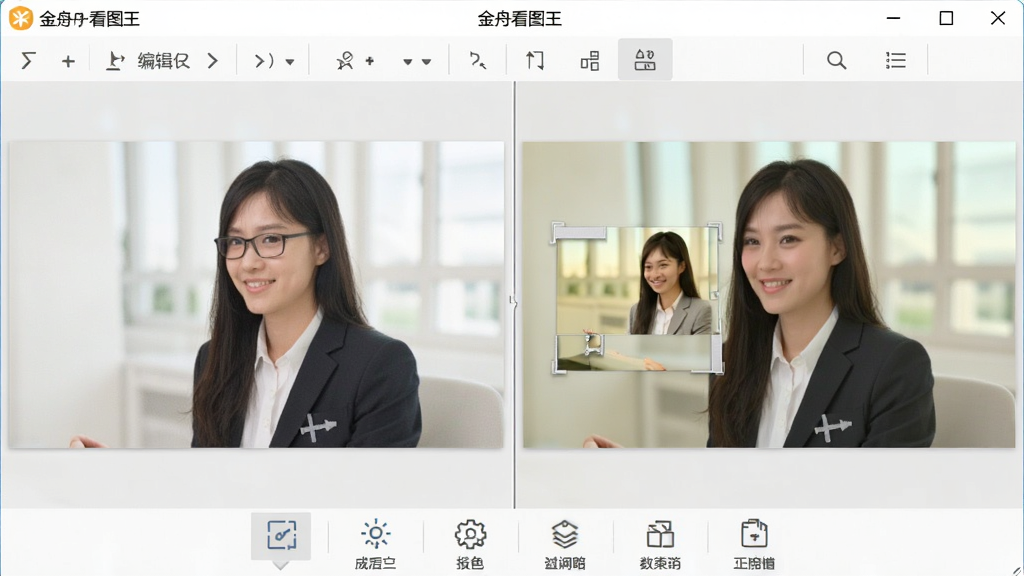 展示金舟看图王内置编辑工具栏的界面截图,左侧为原图,右侧为经过裁剪和调色后的效果图,底部有多个功能图标,整体风格简洁明亮,突出“金舟看图王”名称,画质高,布局规整,干净无多余元素
