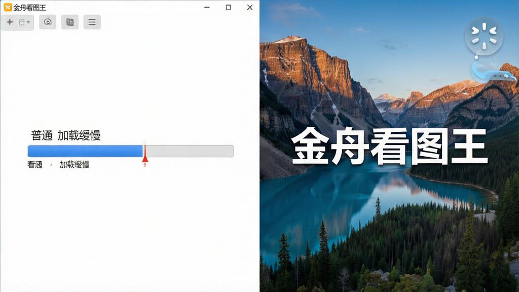 一张动态对比图,左侧为普通看图软件加载缓慢的进度条,右侧为金舟看图王瞬间完成加载的流畅画面,背景为高清风景照片,主体突出“金舟看图王”软件名称,布局清晰,风格写实,画质细腻,干净无多余元素