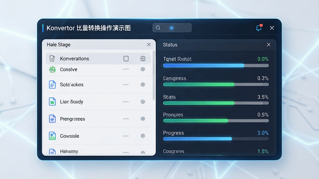 Konvertor批量转换操作演示图,显示多个文件同时进行格式转换的进度条,界面显示文件列表、转换状态与进度百分比,背景简洁明亮,整体风格科技感强,高清画质,干净无多余元素