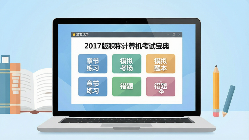 画面主体为一台打开的笔记本电脑,屏幕中显示“2017版职称计算机考试宝典”的软件主界面,界面清晰展示章节练习、模拟考场、错题本等核心功能模块,整体布局简洁直观,背景为淡蓝色渐变,搭配书本、铅笔等学习元素,扁平化设计风格,画质高清,色彩柔和,干净无多余元素。