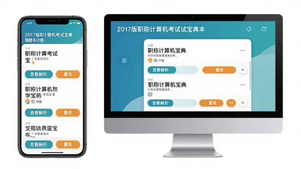 手机与电脑并排展示“2017版职称计算机考试宝典”错题本功能,界面中错题列表清晰,每道错题下方有“查看解析”和“重练”按钮,色彩搭配舒适,突出学习管理功能,现代简约风格,画质干净,无多余元素。