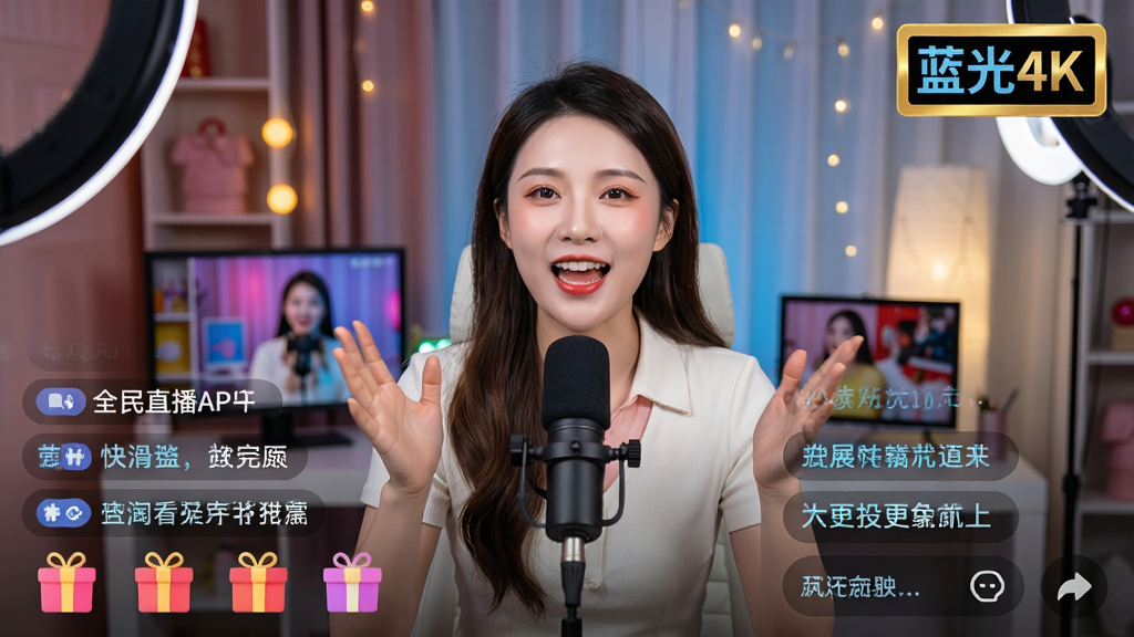 一幅展示全民直播APP直播间画面细节的图片,画面中央是一位正在热情互动的主播,背景是精心布置的直播间,画面右上角清晰显示“蓝光4K”画质标识,屏幕下方有整齐排列的礼物图标和弹幕文字,整体画质细腻,色彩鲜艳,风格写实,干净无多余元素
