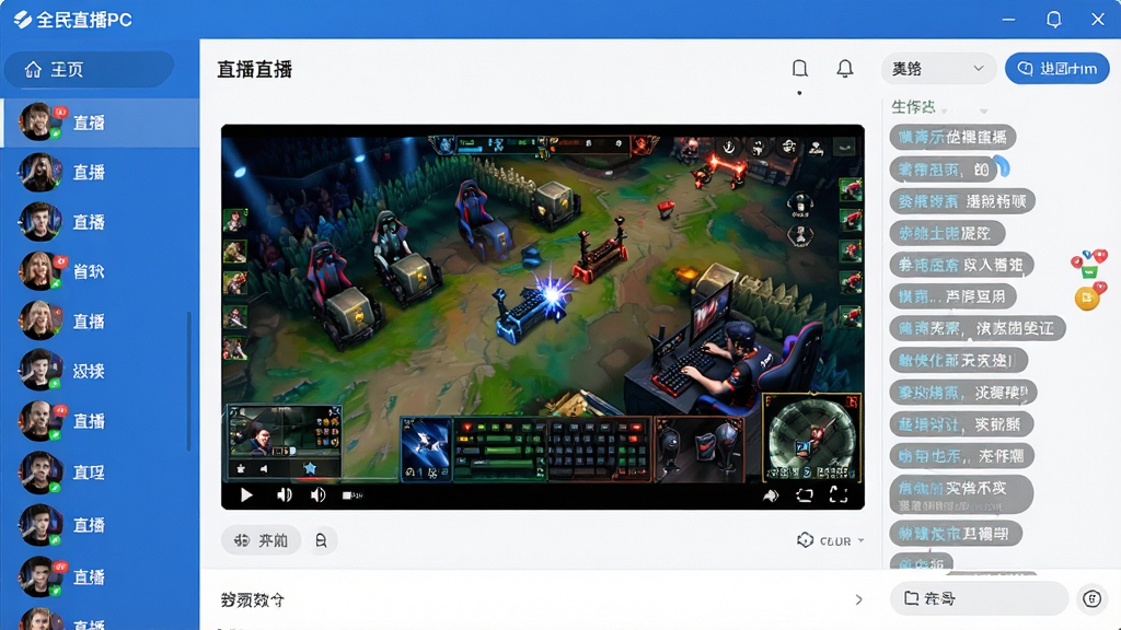 一张展示全民直播PC客户端主界面的高清截图,画面包含左侧清晰的直播分类导航栏、中央大面积视频播放区域正在播放一场热闹的游戏赛事、右侧实时滚动的弹幕聊天区,整体布局合理,界面配色以蓝白为主,风格现代简洁,画质清晰,干净无多余元素