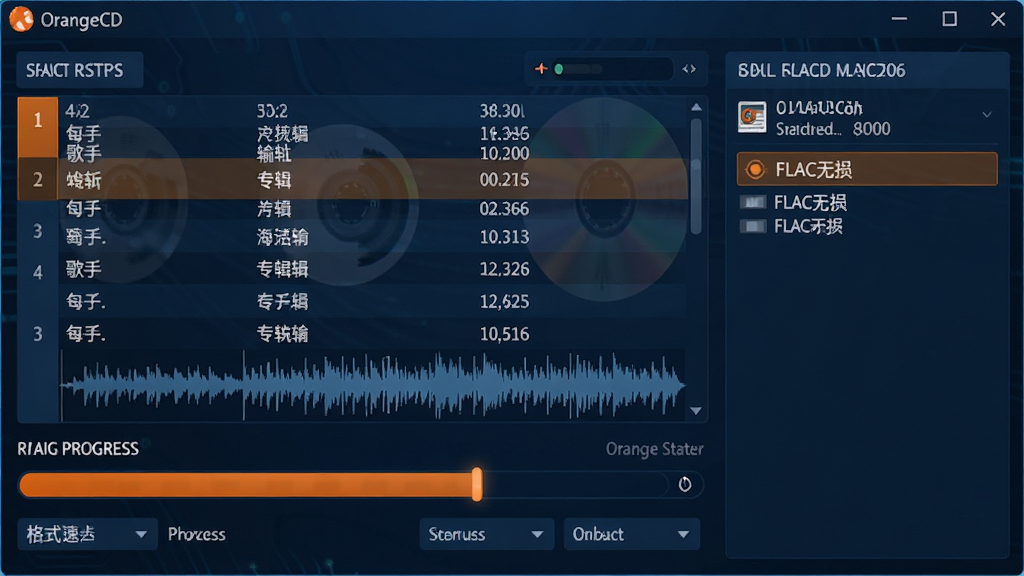 主体:OrangeCD软件正在进行CD抓轨操作,界面显示音轨进度和音频波形。布局:界面中央显示CD音轨列表,下方为抓轨进度条和格式选择选项,右侧显示正在写入的音频文件信息。排版:信息布局紧凑,进度条醒目,状态指示清晰。风格:科技感,深蓝色背景,橙色进度条,体现高效与专业。细节:可以看到“FLAC无损”输出格式被选中,音轨信息包括歌手、专辑、时长,抓轨速度稳定。画质:高清,干净,无多余元素。