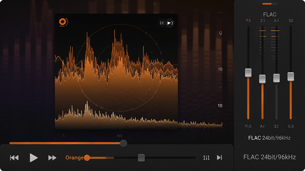主体:OrangeCD播放器界面,正在播放一首高解析度音频,显示频谱和封面。布局:中央为专辑封面大图,下方为播放控制按钮和进度条,右侧为均衡器调节面板。排版:视觉焦点集中在封面和频谱上,控制按钮简洁直观。风格:沉浸式,深色渐变背景,橙色波形图,营造音乐氛围。细节:频谱图随音乐节奏跳动,均衡器滑块调节中,播放格式显示“FLAC 24bit/96kHz”。画质:高清,干净,无多余元素。