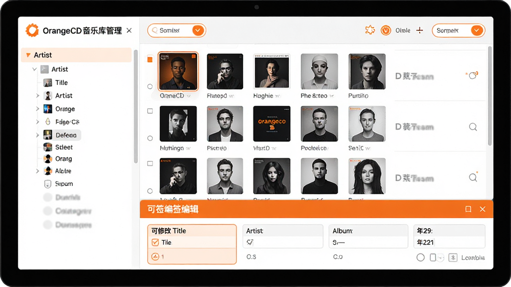主体:OrangeCD音乐库管理界面,展示分类浏览和标签编辑功能。布局:左侧为艺术家/专辑分类树,右侧为歌曲列表,顶部有筛选和排序选项,底部为标签编辑面板。排版:结构清晰,色彩区分度高,专辑封面缩略图整齐排列。风格:明亮清爽,白色背景,橙色点缀,体现简洁高效。细节:标签编辑面板显示可修改的标题、艺术家、专辑、年份字段,列表支持多选操作。画质:高清,干净,无多余元素。
