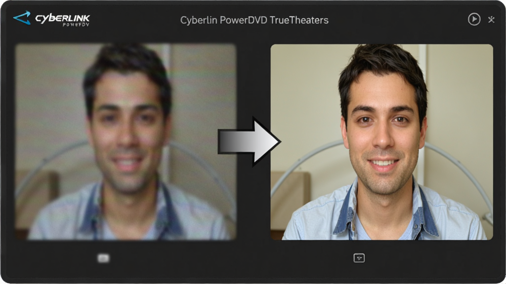 CyberLink PowerDVD TrueTheater技术对比效果图,左侧画面模糊有噪点,右侧画面清晰锐利,色彩鲜艳,中间有箭头指示,背景为深灰色,界面简洁,对比明显,画质清晰